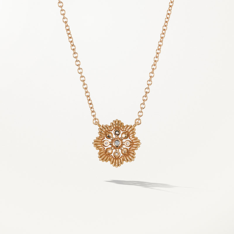 Lace Flower Necklace, Small lab diamond yellow gold pendant 0.16 ctw