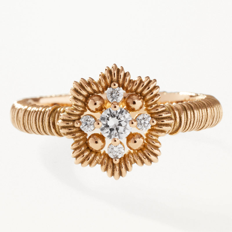 Lace Flower Ring, Small lab diamond yellow gold filigree band 0.16 ctw