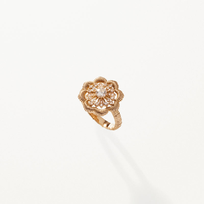 Lace Flower Ring, Large lab diamond yellow gold filigree band 0.49 ctw