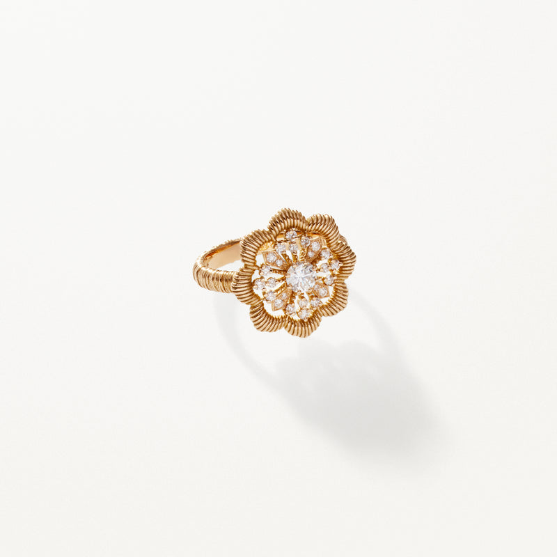 Lace Flower Ring, Large lab diamond yellow gold filigree band 0.49 ctw