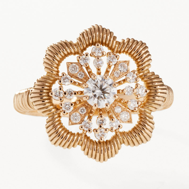Lace Flower Ring, Large lab diamond yellow gold filigree band 0.49 ctw