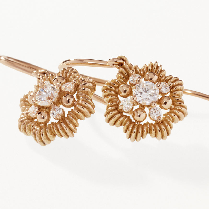 Lace Flower Earrings, Small lab diamond yellow gold drops 0.32 ctw
