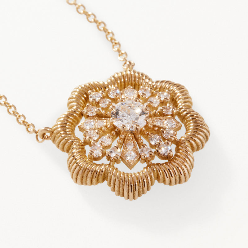 Lace Flower Necklace, Large lab diamond yellow gold pendant 0.49 ctw