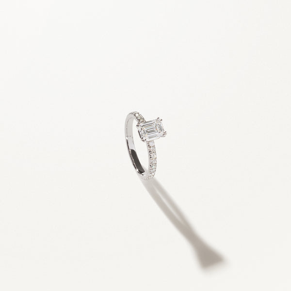 Couronne Engagement Ring, Emerald lab diamond platinum pavé band