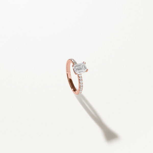 Couronne Engagement Ring, Emerald lab diamond rose gold pavé band