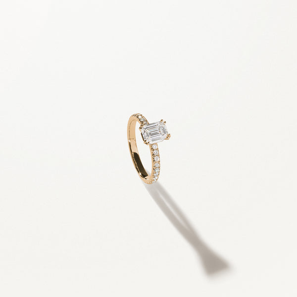 Couronne Engagement Ring, Emerald lab diamond yellow gold pavé band