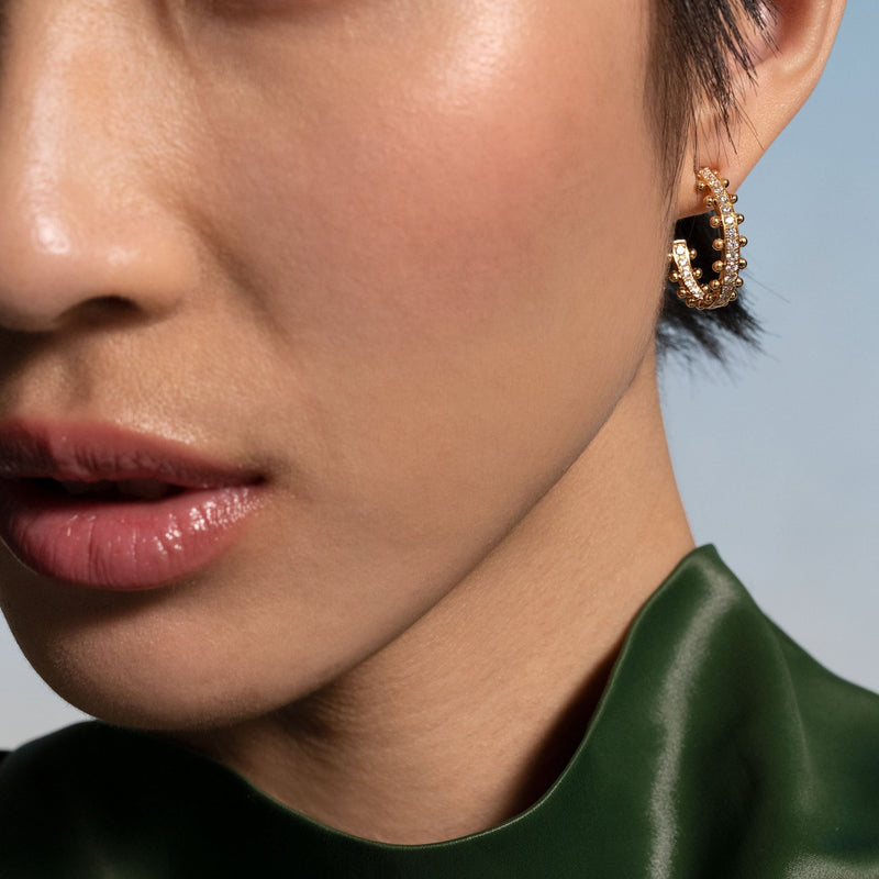 Beaded Earrings, Medium lab diamond yellow gold hoops 1.08 ctw