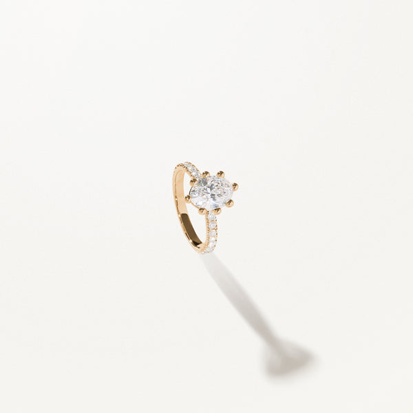 Tiare Engagement Ring, Oval lab diamond yellow gold pavé band