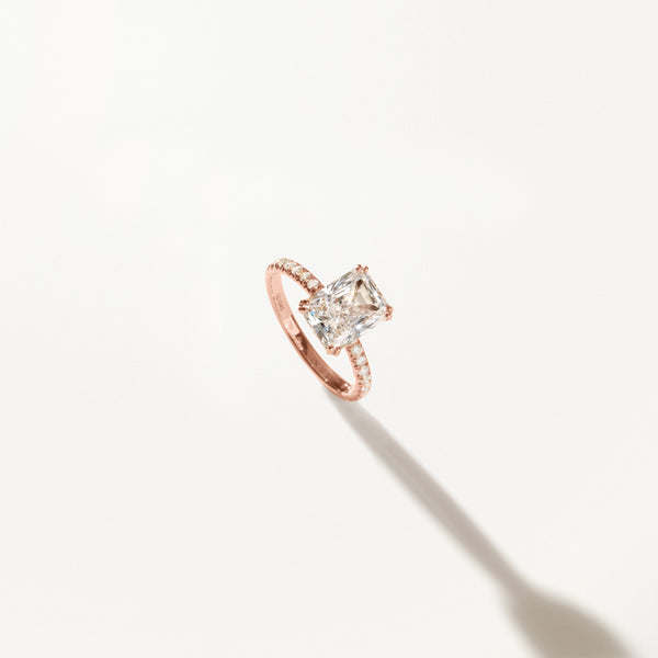Couronne Engagement Ring, Radiant lab diamond rose gold pavé band