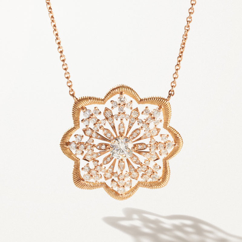Lace Flower Medallion, Lab diamond yellow gold pendant necklace 2.59 ctw