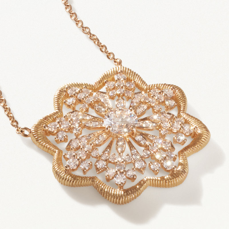 Lace Flower Medallion, Lab diamond yellow gold pendant necklace 2.59 ctw
